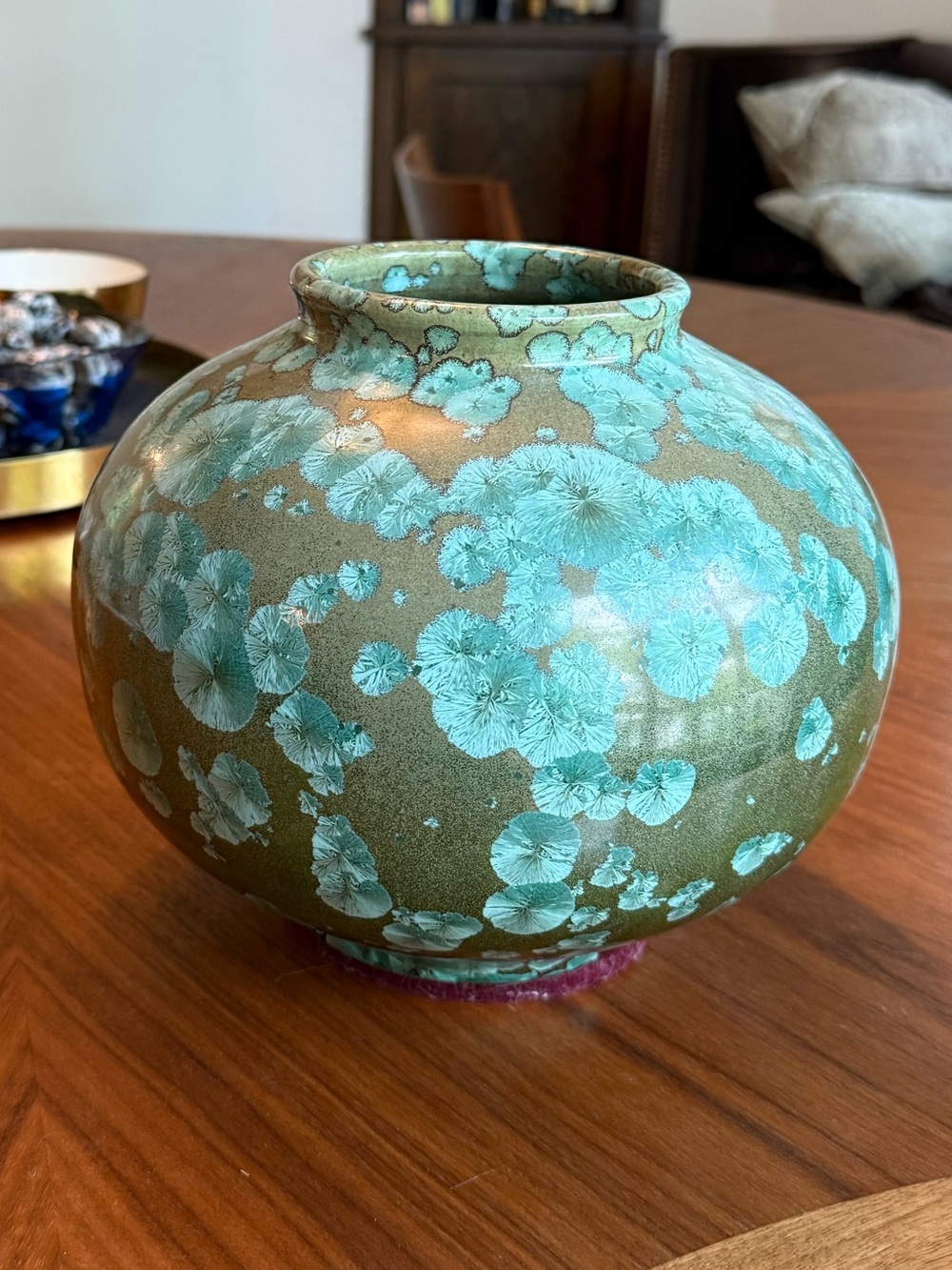 Round Ceramic Vase with Turquoise Crystalline Glaze